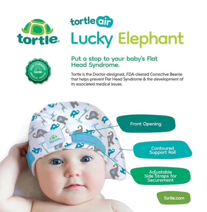 TORTLE Repositioning Beanie,  FDA Cleared Adjustable Head Support, Prevents Flat Head (Lucky Elephant)