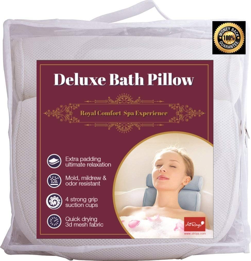 AiRoya Deluxe Bath Pillow Best Shoulder Support &amp; Neck Cradle, 4 BIG SUCTION CUPS ! Ideal for all Hot tubs and Jacuzzis! Soft 3D Air Mesh Fabric, Extra Padding Superior Comfort!