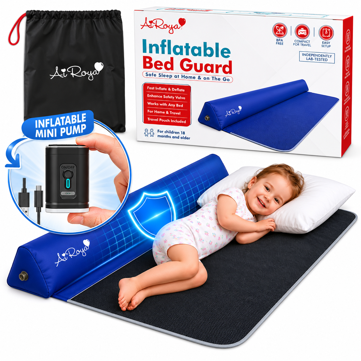 AiRoya Inflatable Bed Guard for Toddler (Bundle with Mini Pump)