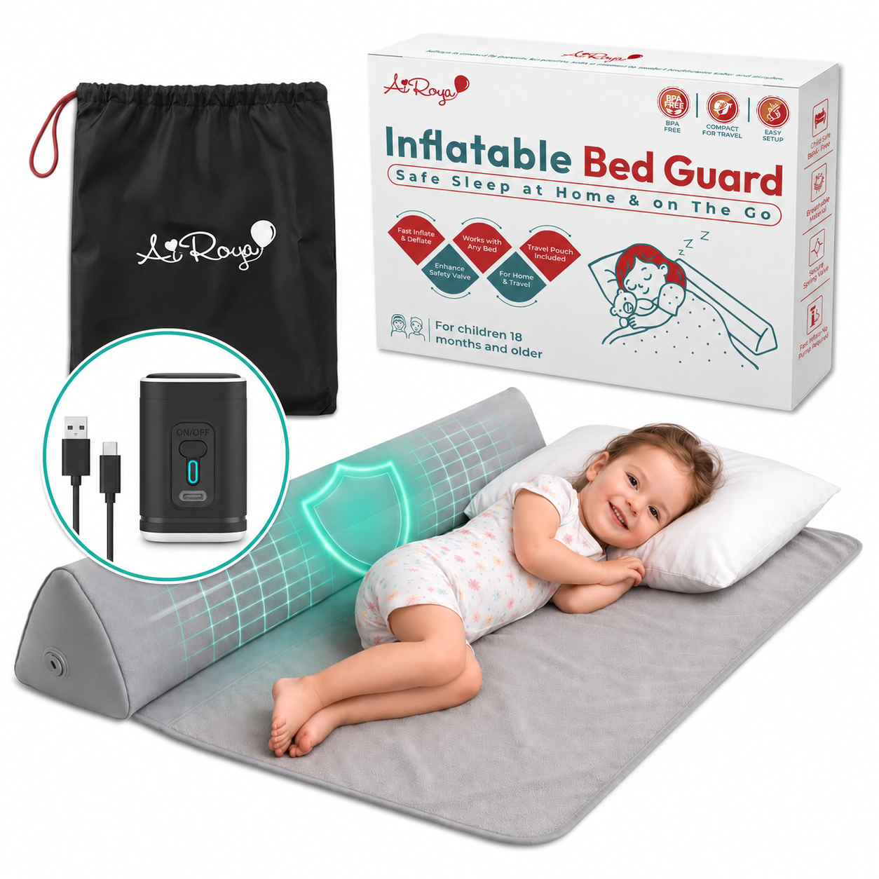 AiRoya Inflatable Bed Guard for Toddler (Bundle with Mini Pump)